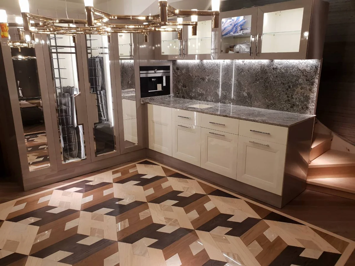 Figural panel of natural wood in a kitchen — Artistico artistic parquet