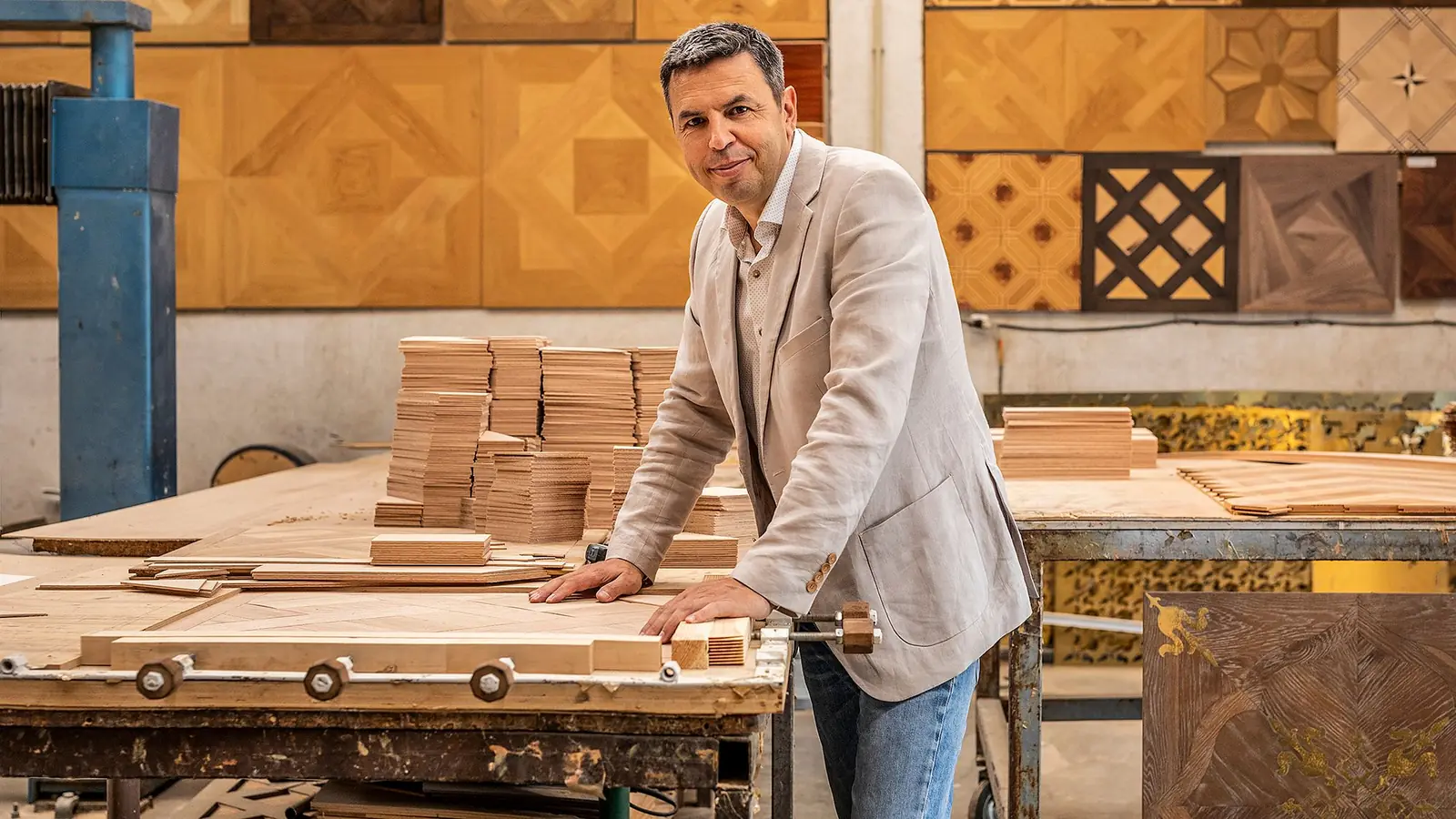 Malin Valchinov, founder of Artistico, in the art parquet workshop in the village of Trud
